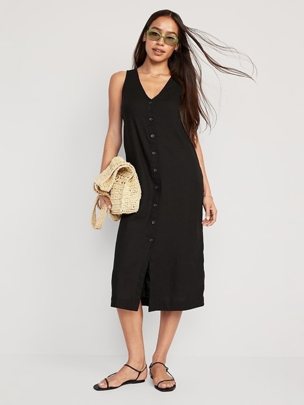 Old Navy Black Sleeveless V-Neck Button-Front Midi Dress
